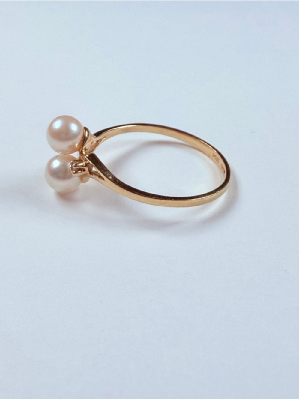 14K Solid Yellow Gold Genuine Diamond & 5MM Bypass Double Pearl VTG Ring - Picture 9 of 13